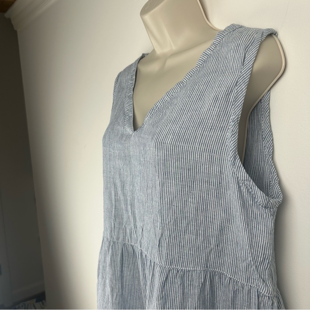 Lucky Brand Blue Striped V Neck Asymmetrical Tiered Linen Dress sz XL Coastal - Picture 5 of 14